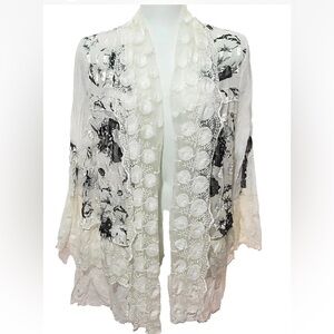 NWT Alberto Makali Cardigan Floral Sheer White Black Open Front Size L